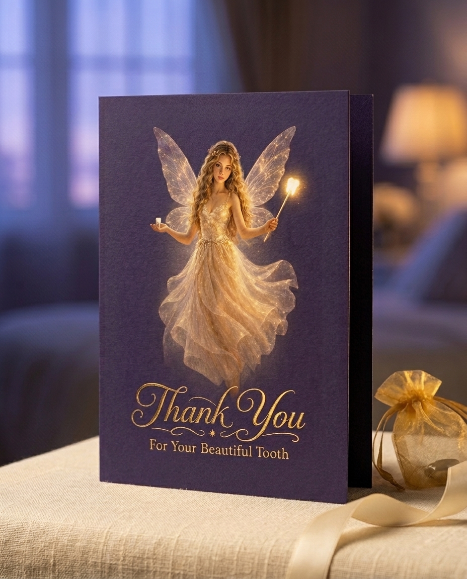 A real Talking Tooth Fairy keepsake greeting card standing propped on cream linen. Deep twilight-purple matte cardstock with a metallic gold-foil ornamental border, a full-figure Tooth Fairy in shimmering champagne tulle, and 'Thank You For Your Beautiful Tooth' in gold-foil cursive catching the warm light. A gold organza Fairy Dust pouch sits softly beside it.