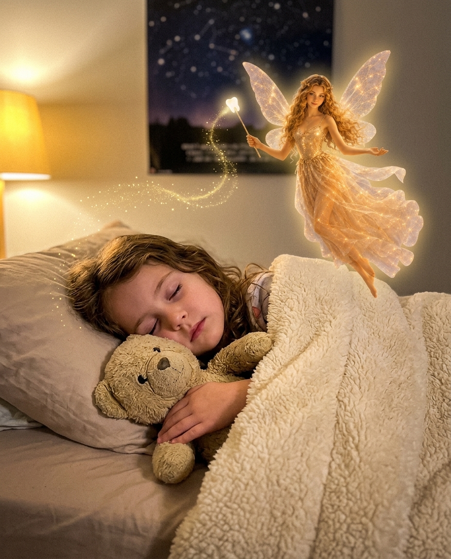 Example of the Tooth Fairy generated into a sleeping child's bedroom photo — flying pose