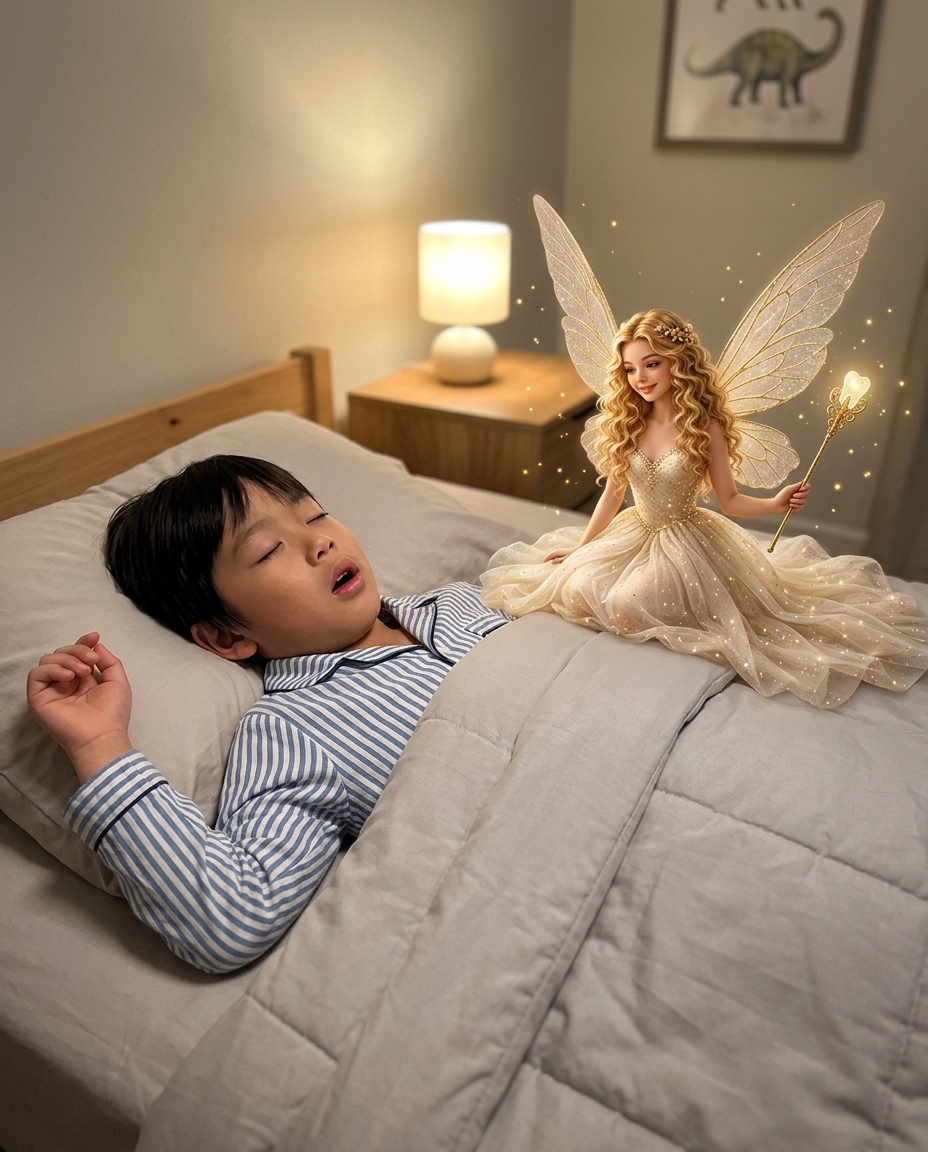 Example of the Tooth Fairy generated into a sleeping child's bedroom photo — sitting pose