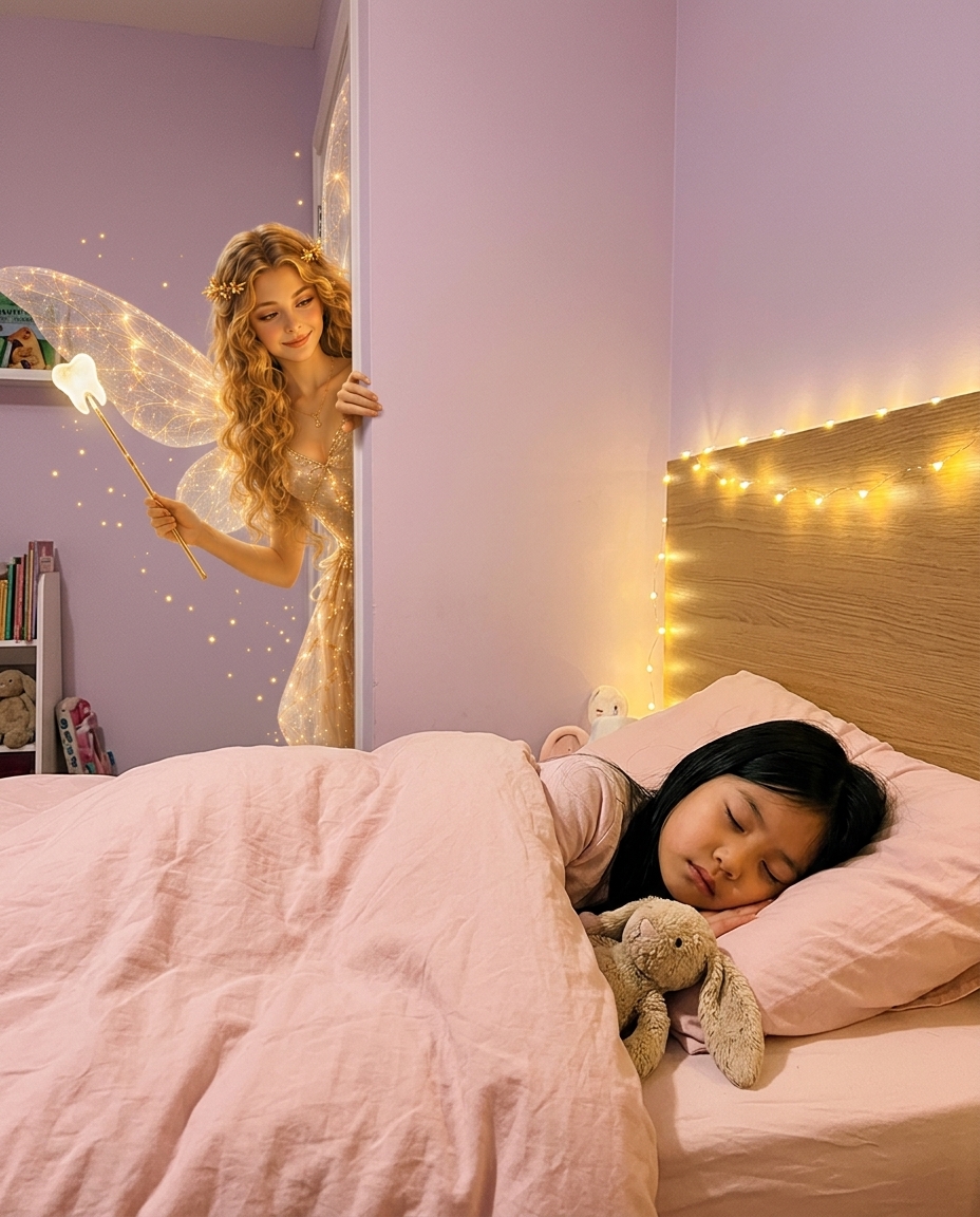 Example of the Tooth Fairy generated into a sleeping child's bedroom photo — peeking pose