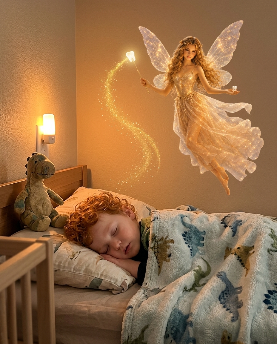 Example of the Tooth Fairy generated into a sleeping child's bedroom photo — flying pose